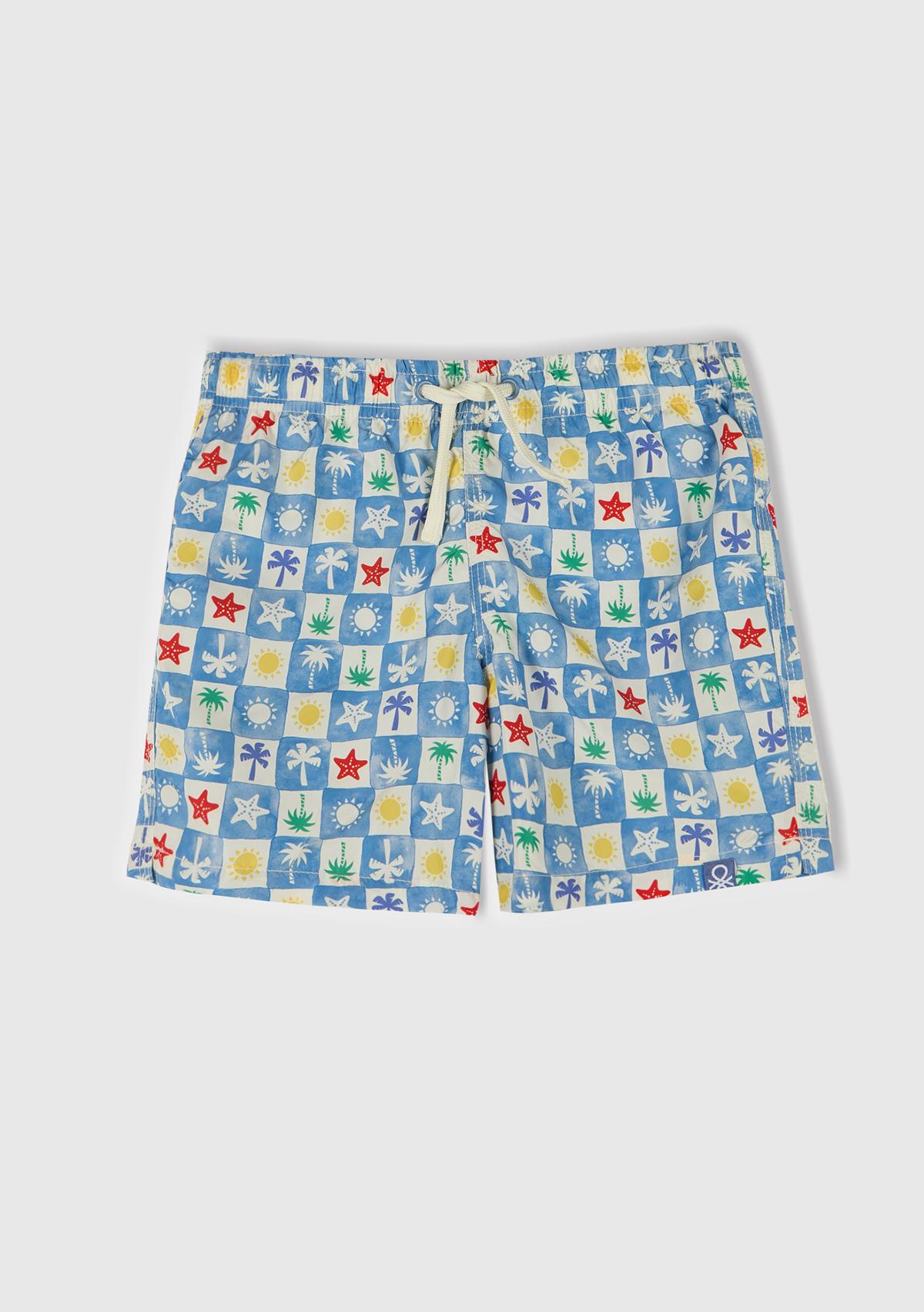  Erkek Çocuk Renkli Mix Tamamı Desenli Arkası Cep Detaylı Büzgü İpli Deniz Şortu