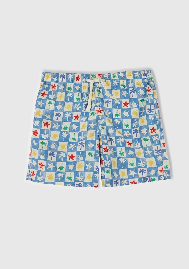  Erkek Çocuk Renkli Mix Tamamı Desenli Arkası Cep Detaylı Büzgü İpli Deniz Şortu