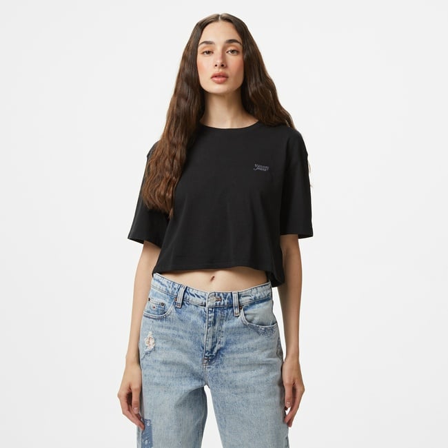  Tommy Jeans Cropped Gmd Script Open Back Kadın Siyah T-Shirt