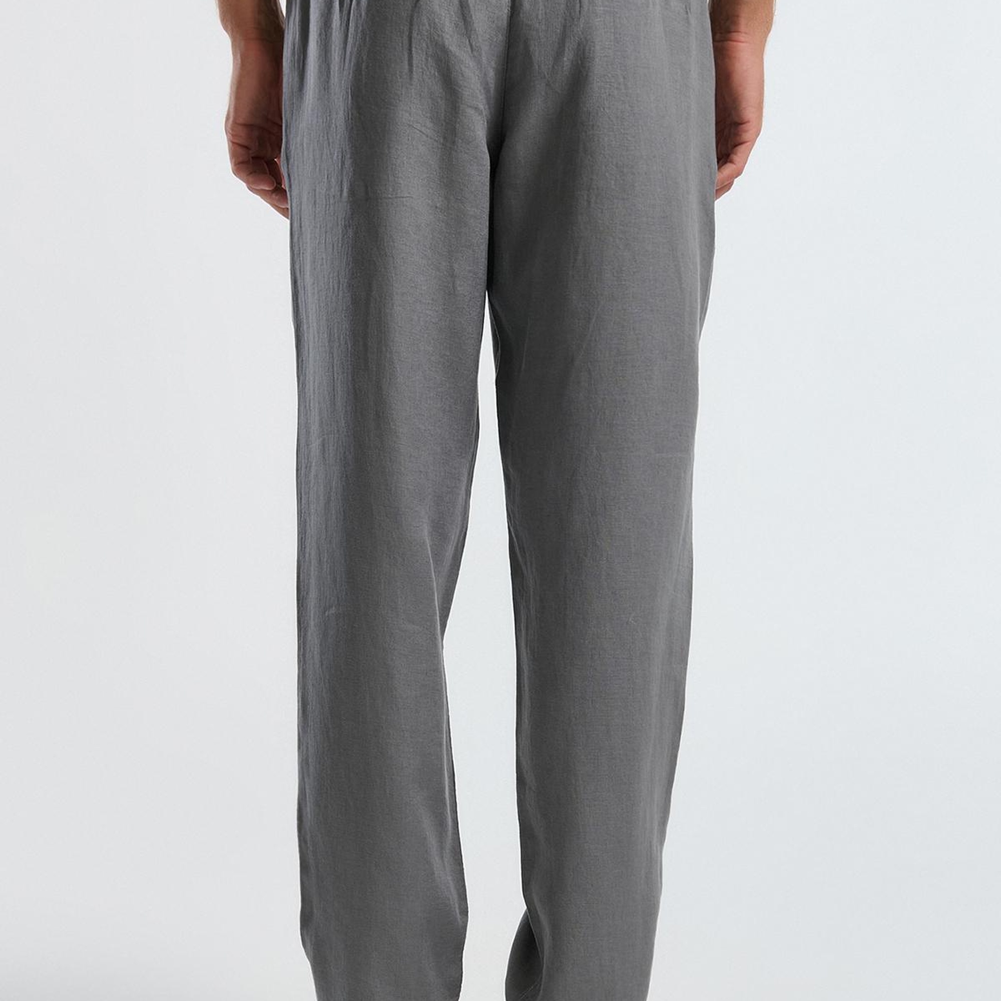 Erkek Gri %100 Keten Beli İpli Pantolon