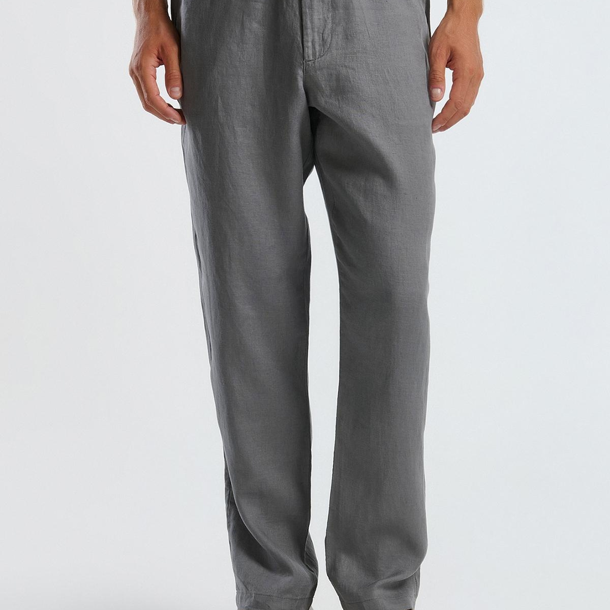 Erkek Gri %100 Keten Beli İpli Pantolon