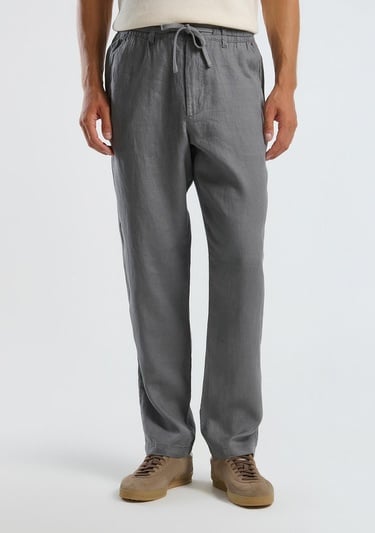  Erkek Gri %100 Keten Beli İpli Pantolon