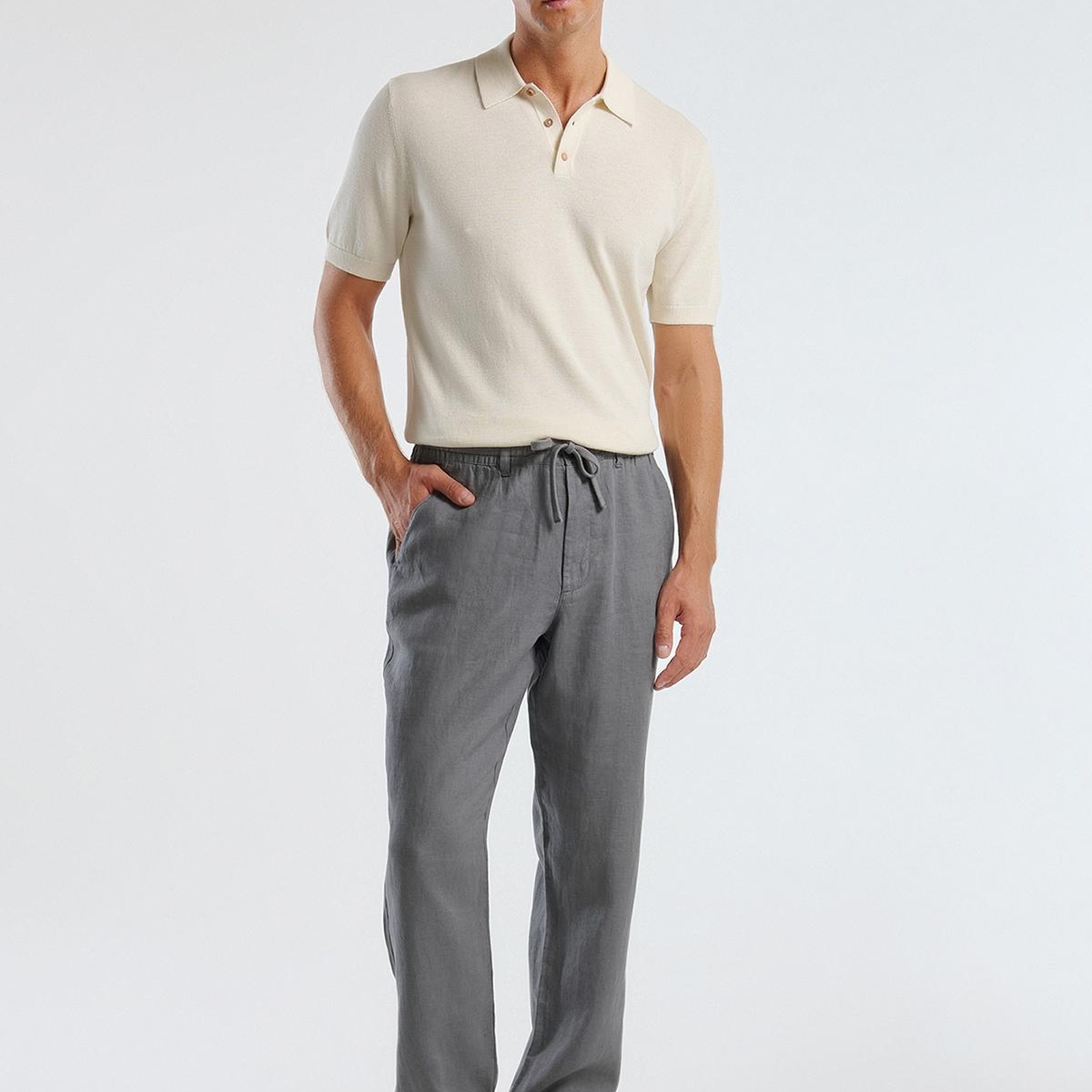 Erkek Gri %100 Keten Beli İpli Pantolon