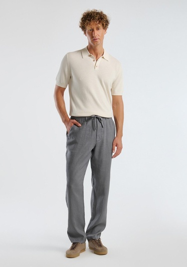  Erkek Gri %100 Keten Beli İpli Pantolon
