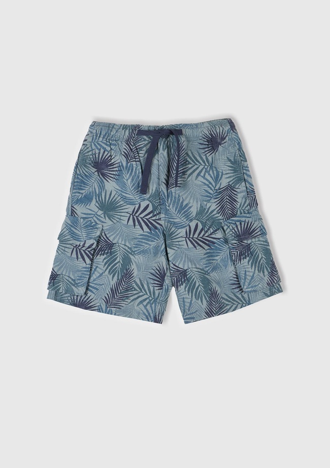  Erkek Çocuk Havacı Mavi Tamamı Desenli Büzgü İpli Kapak Cep Detaylı Bermuda Şort