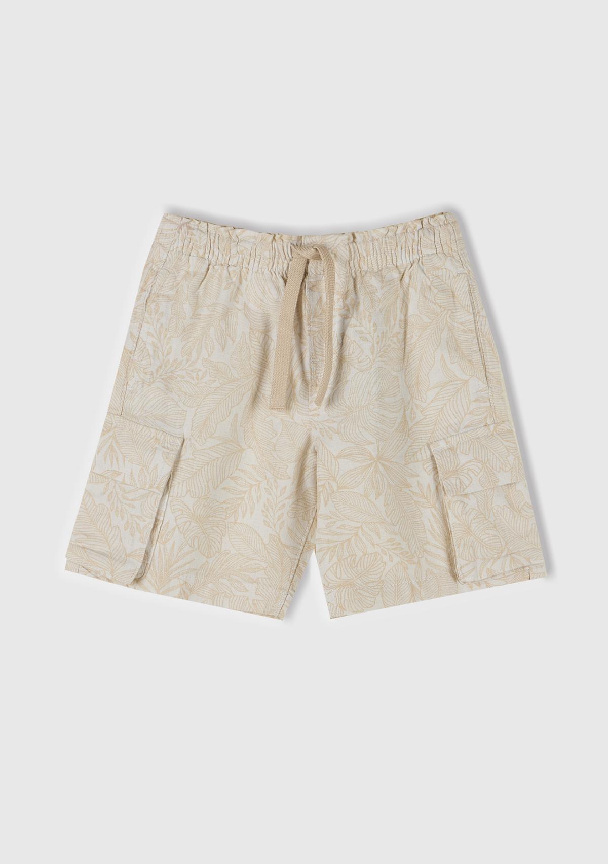  Erkek Çocuk Ekru Keten Karışımlı Tamamı Desenli Büzgü İpli Yanları Cepli Şort
