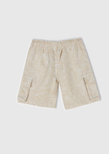  Erkek Çocuk Ekru Keten Karışımlı Tamamı Desenli Büzgü İpli Yanları Cepli Şort