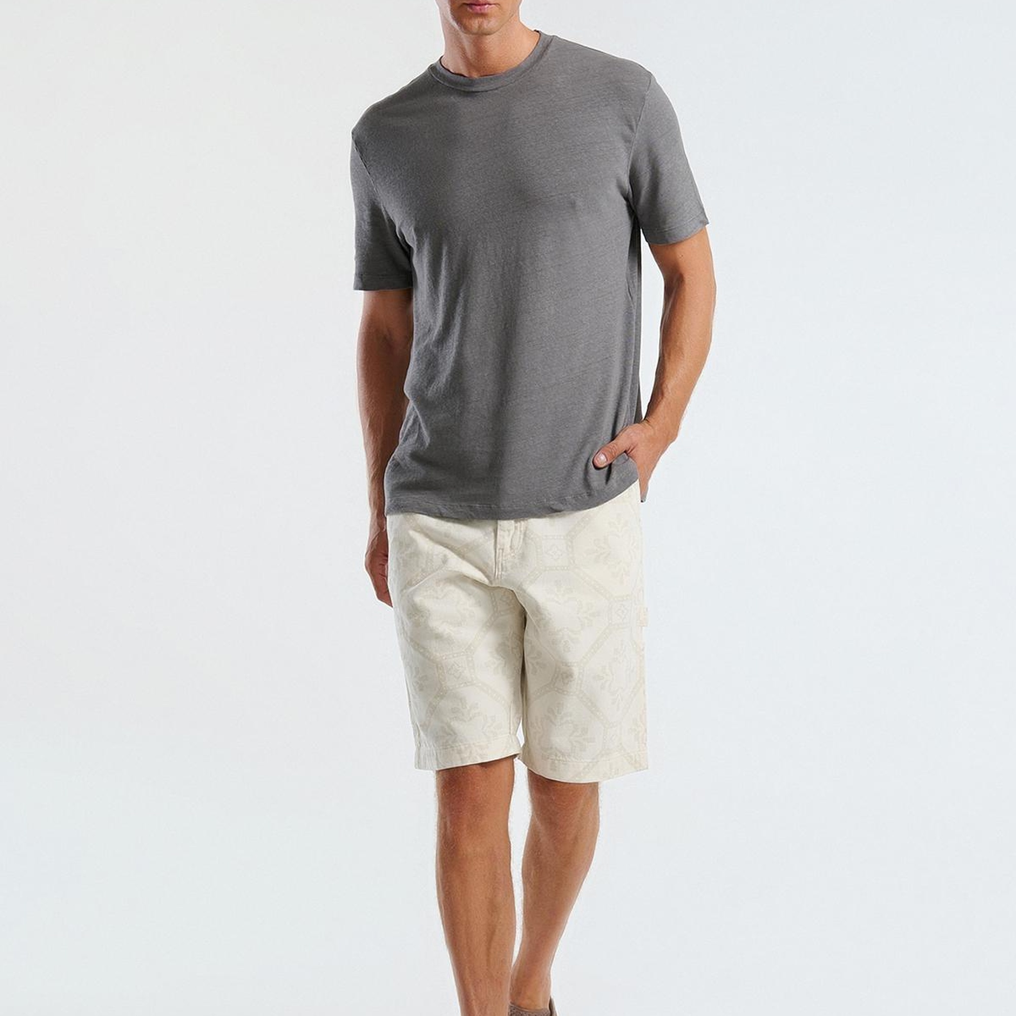 Erkek Beyaz %100 Koton Desenli Regular Fit Bermuda Şort