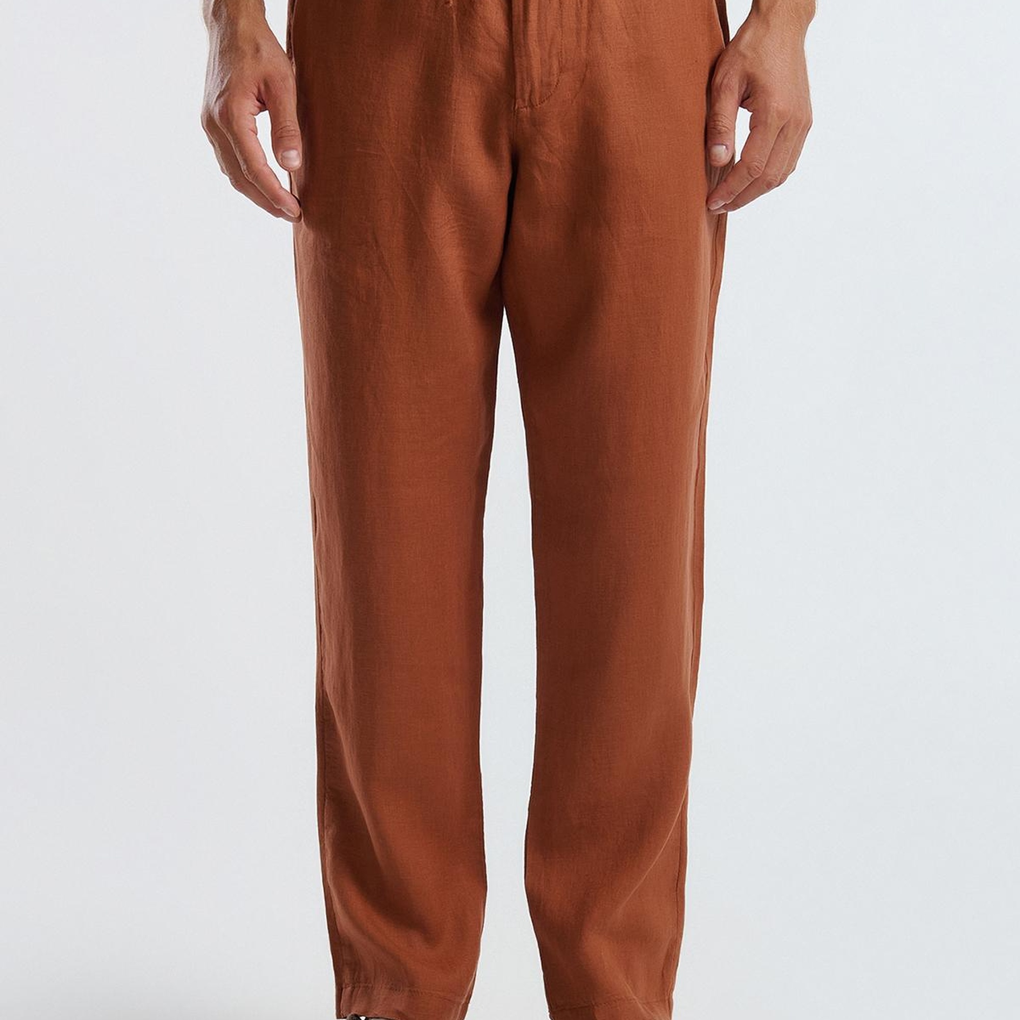 Erkek Koyu Kahverengi %100 Keten Beli İpli Pantolon