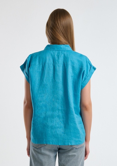  Kadın Mavi %100 Keten Omuz Detaylı Kısa Kollu Gömlek
