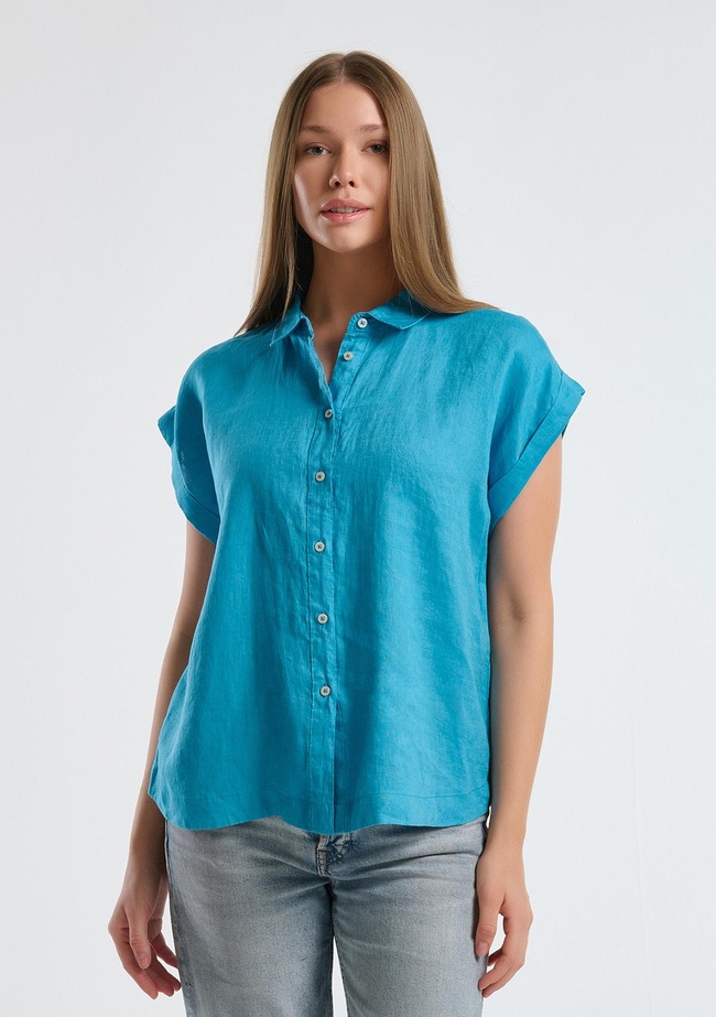  Kadın Mavi %100 Keten Omuz Detaylı Kısa Kollu Gömlek