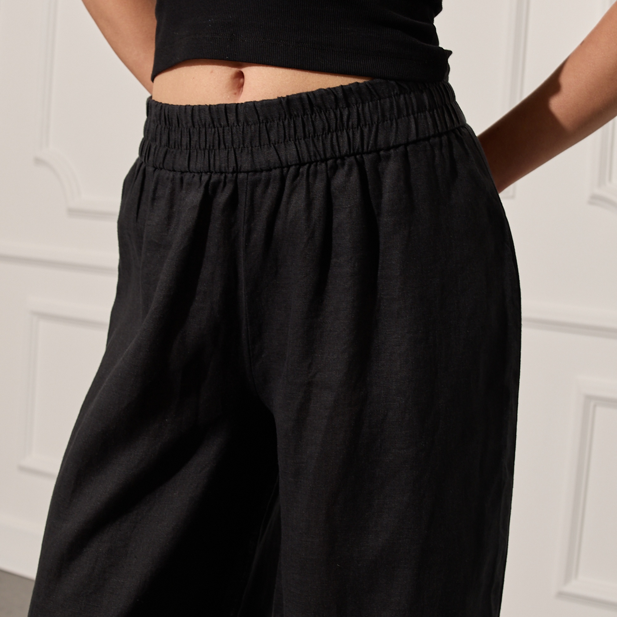 %100 Keten Beli Lastikli Pantolon