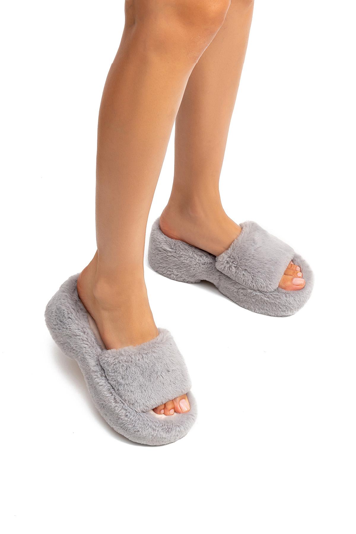  Lili Peluş Kadın Topuklu Ev Terliği Gri 36/40