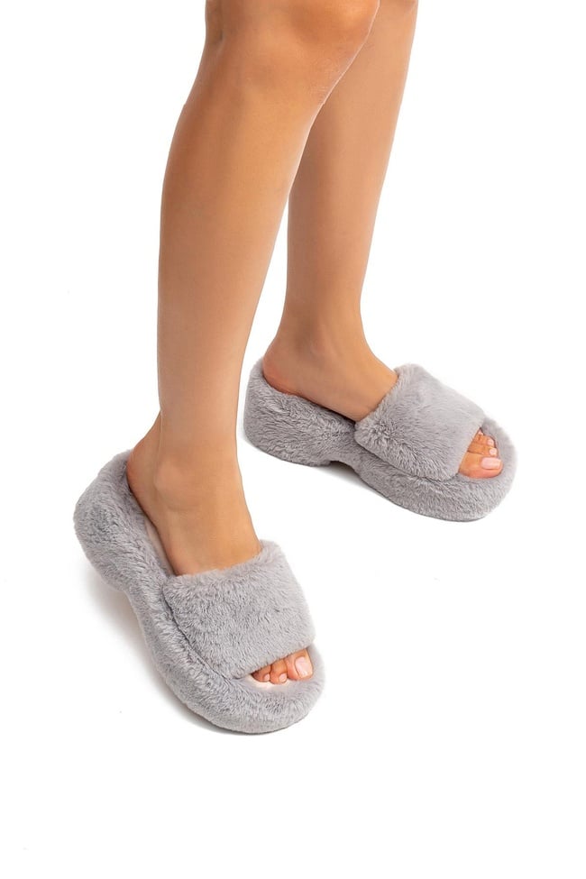  Lili Peluş Kadın Topuklu Ev Terliği Gri 36/40