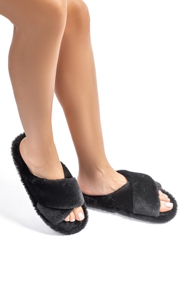 Çapraz Peluş Kadın Ev Terliği Siyah 36/41