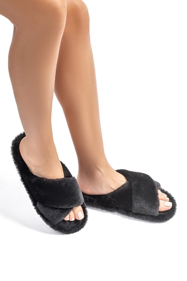  Çapraz Peluş Kadın Ev Terliği Siyah 36/41