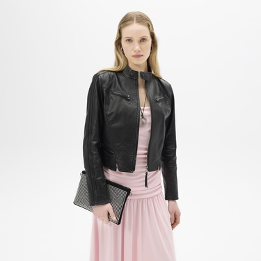  Kadın Siyah Deri Biker Ceket