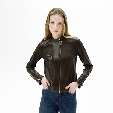  Kadın Kahve Perfore Detaylı Deri Ceket