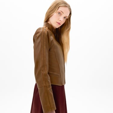  Kadın Taba Deri Biker Ceket