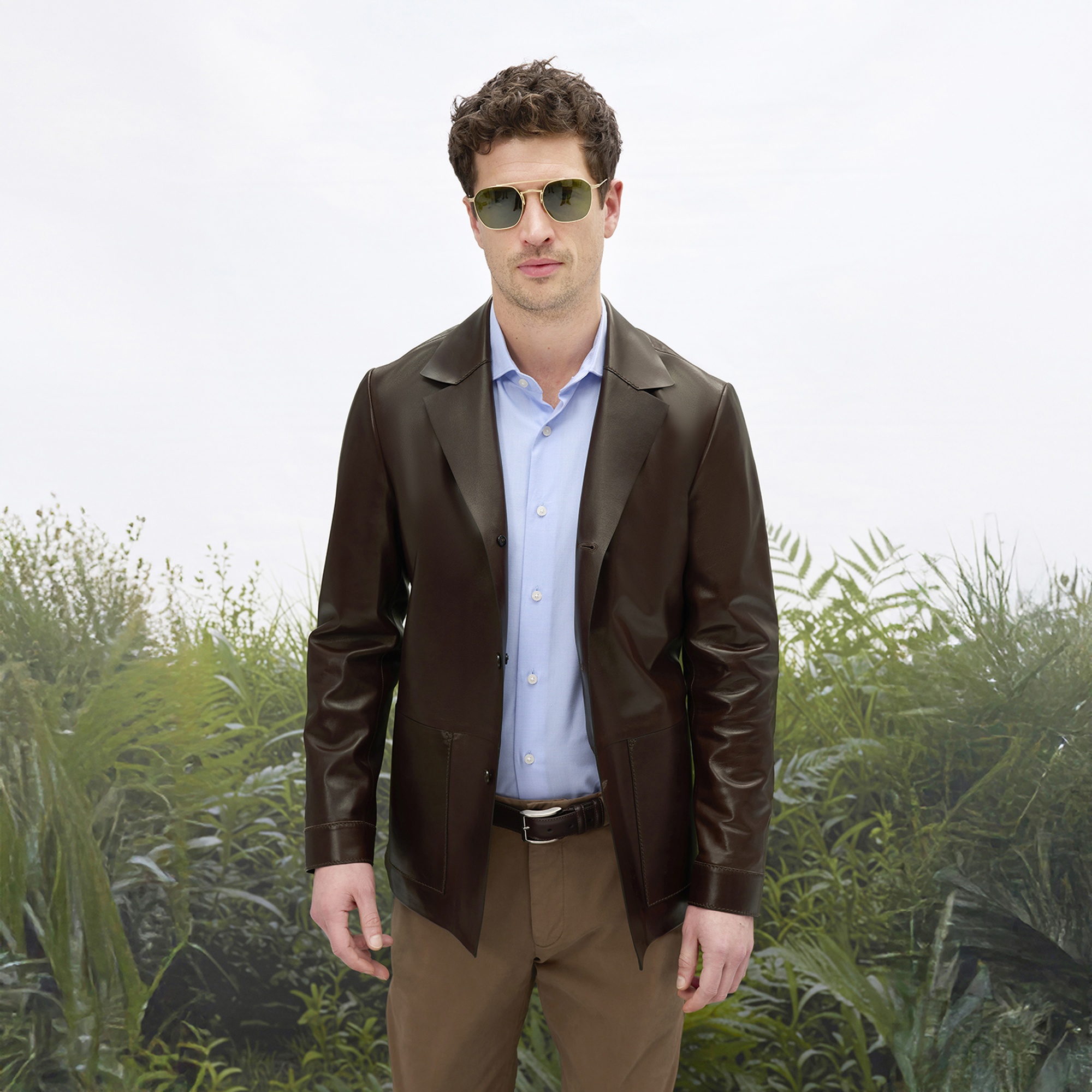 Erkek Kahve Gömlek Yaka Deri Blazer Ceket