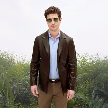  Erkek Kahve Gömlek Yaka Deri Blazer Ceket
