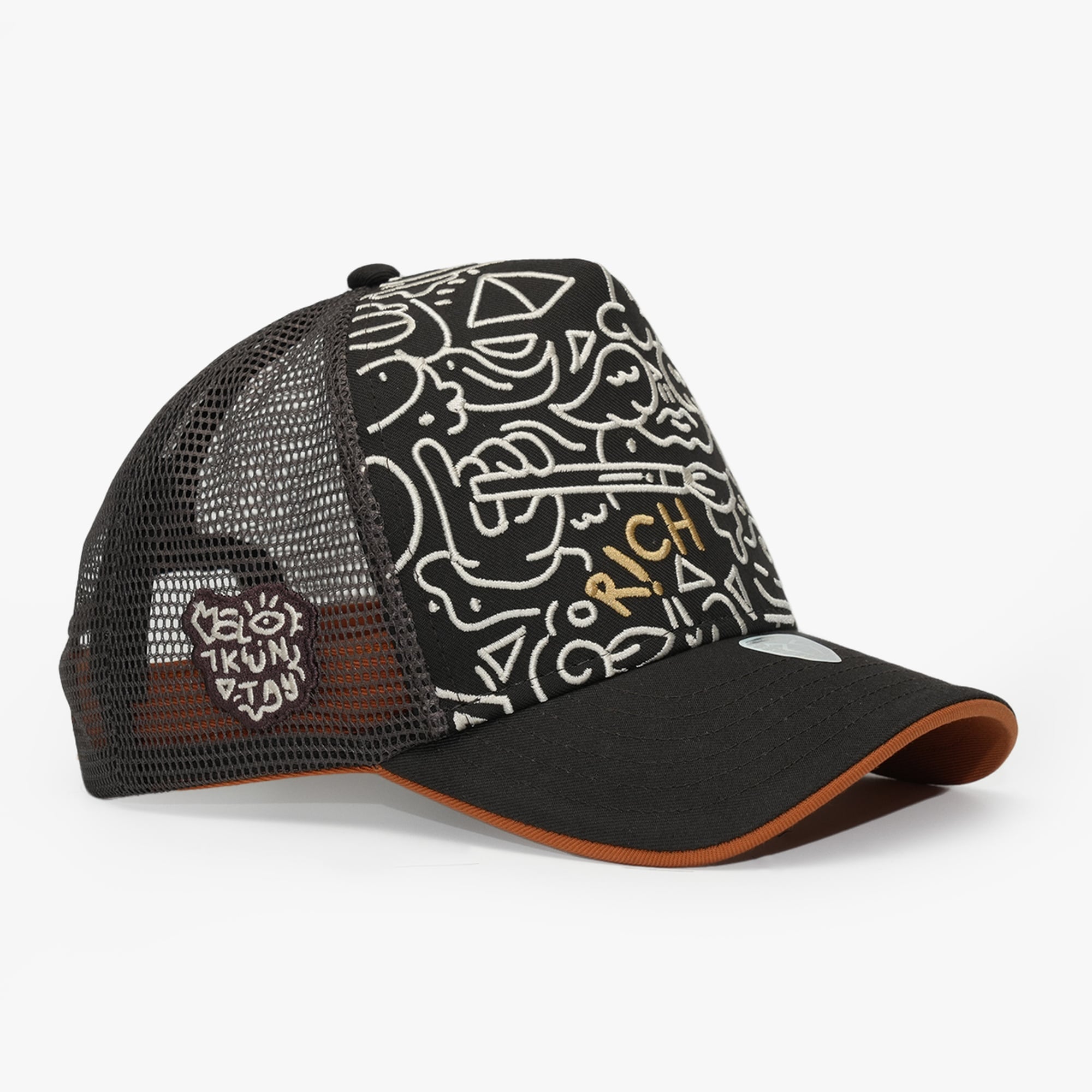 RustandRich Kadın Erkek Kahverengi Trucker Şapka-Art Collection-Doodle