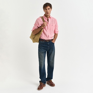  GANT Erkek Kırmızı Regular Fit Düğmeli Yaka Çizgili Keten Gömlek