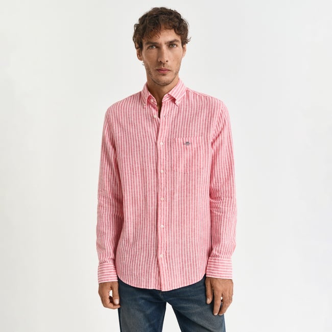  GANT Erkek Kırmızı Regular Fit Düğmeli Yaka Çizgili Keten Gömlek