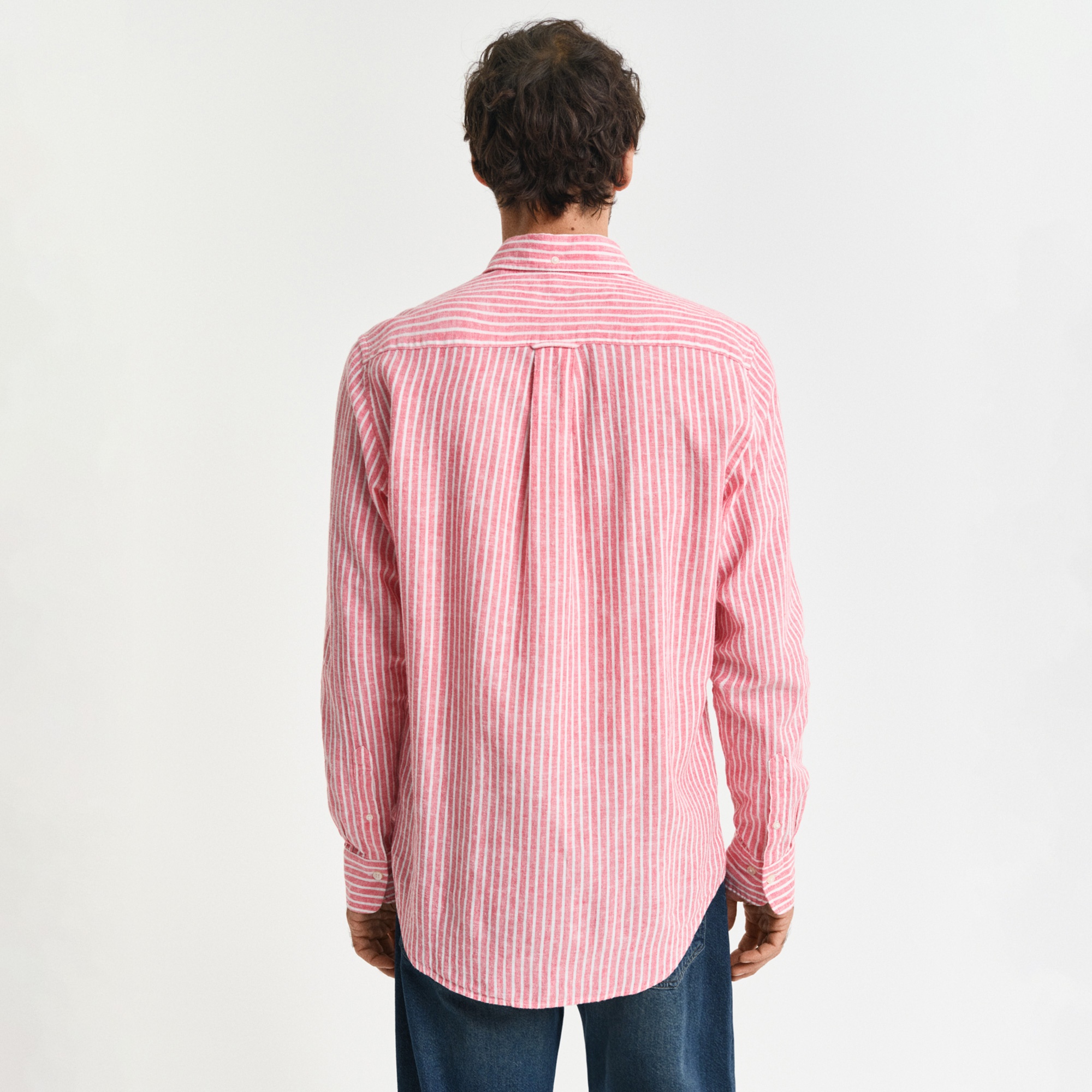 GANT Erkek Kırmızı Regular Fit Düğmeli Yaka Çizgili Keten Gömlek