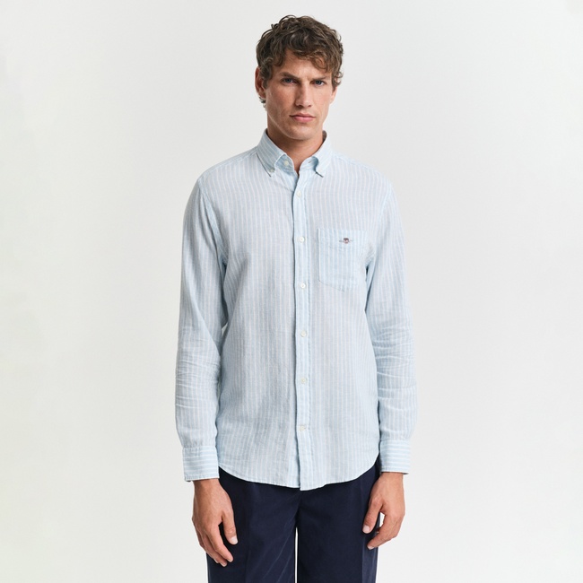  GANT Erkek Mavi Regular Fit Düğmeli Yaka Çizgili Keten Gömlek