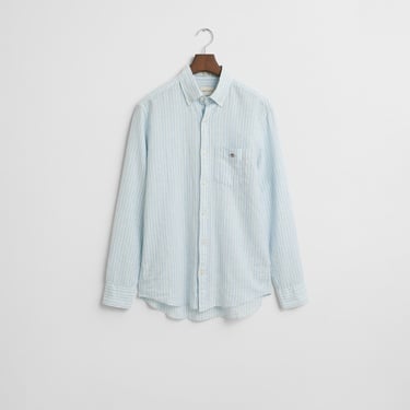  GANT Erkek Mavi Regular Fit Düğmeli Yaka Çizgili Keten Gömlek