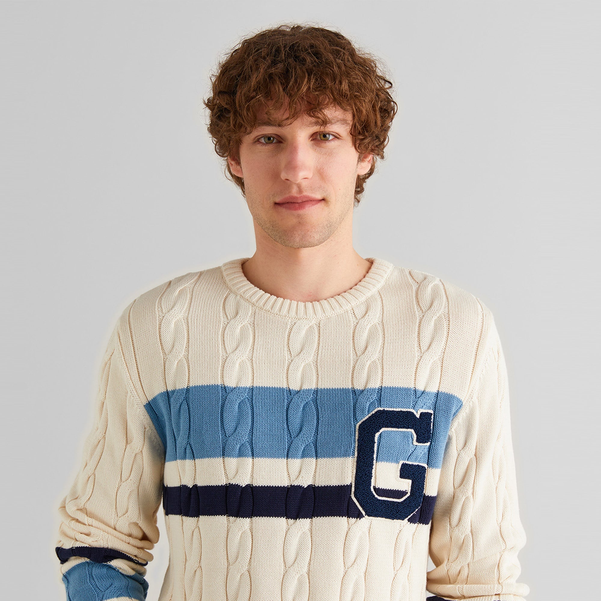 GANT Erkek Krem Relaxed Fit Bisiklet Yaka Renk Bloklu Kazak