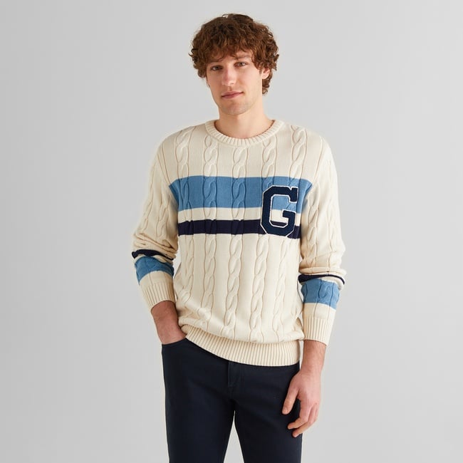  GANT Erkek Krem Relaxed Fit Bisiklet Yaka Renk Bloklu Kazak