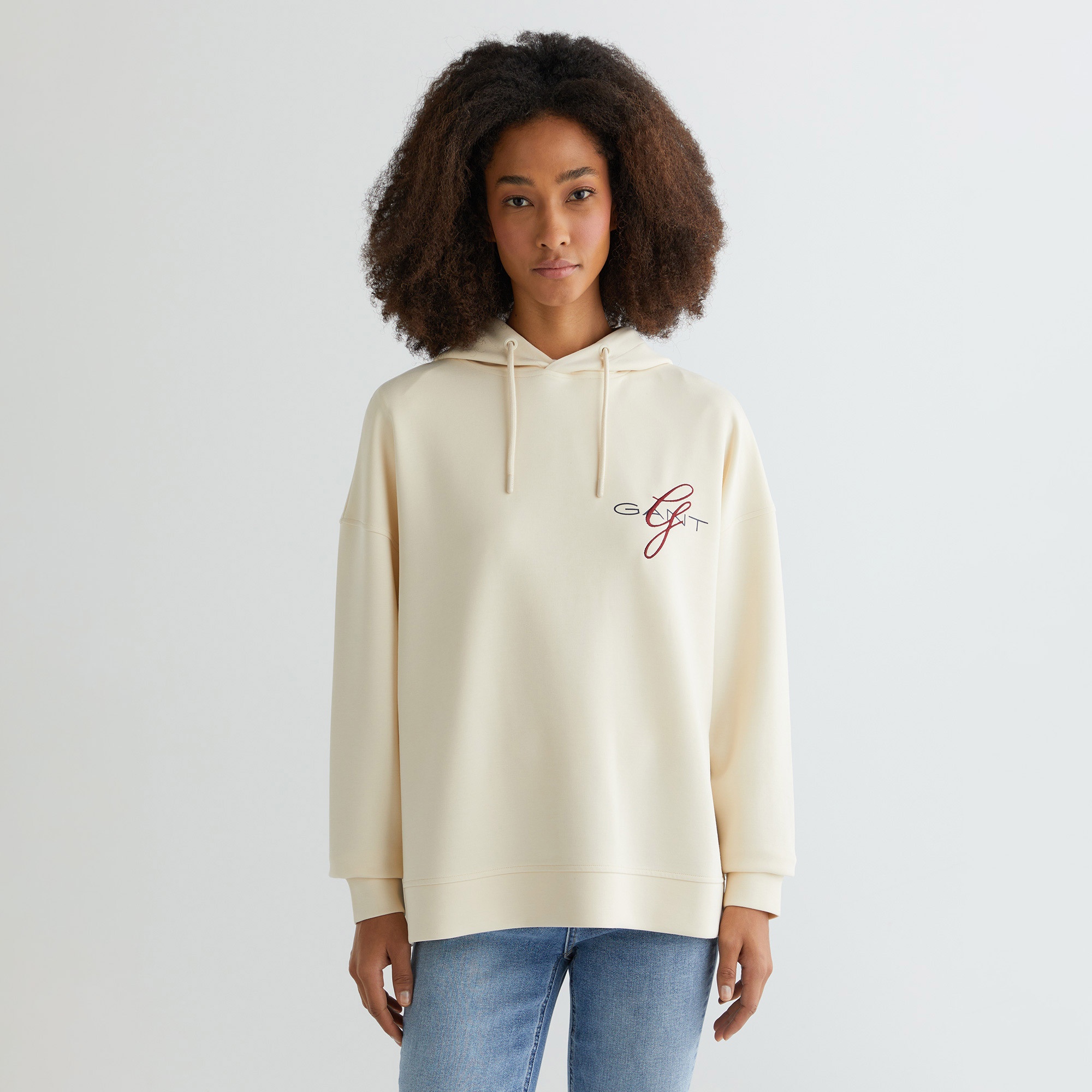 GANT Kadın Krem Oversize Fit Kapüşonlu Logolu Sweatshirt