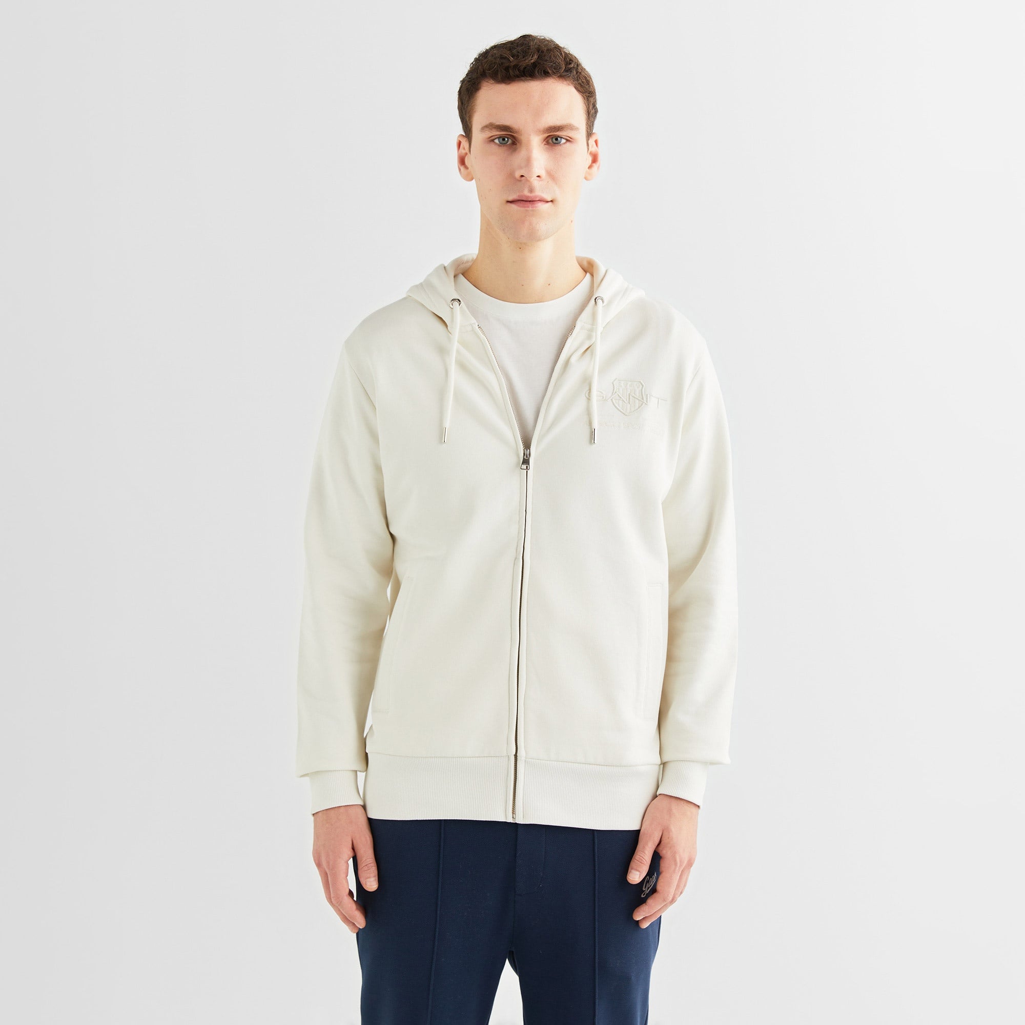 GANT Erkek Krem Regular Fit Kapüşonlu Logolu Sweatshirt
