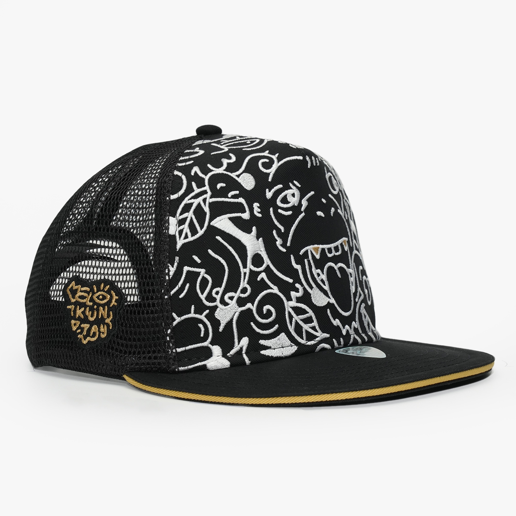 RustandRich Kadın Erkek Siyah Snapback Şapka-Art Collection-Doodle Monkey