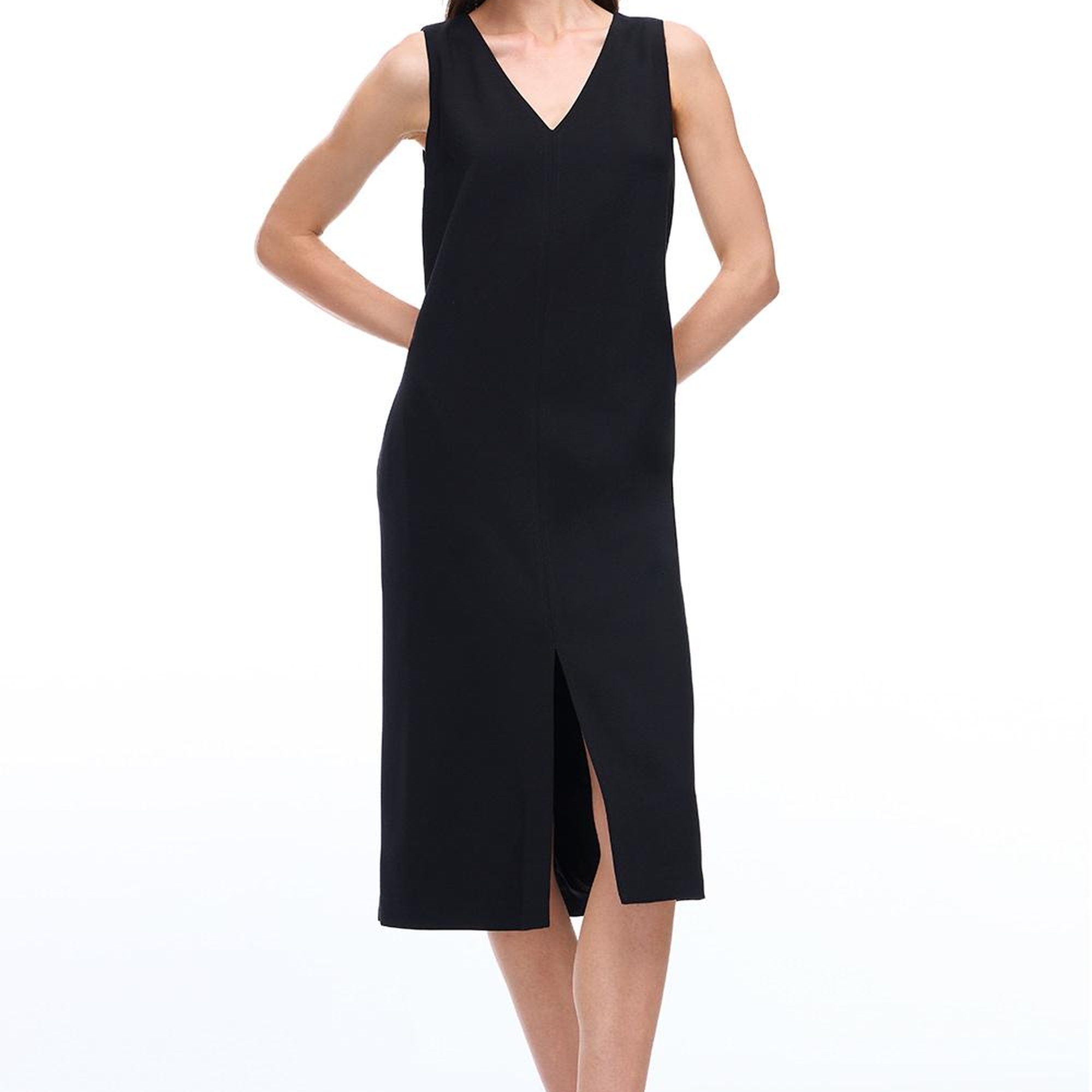 Seras Regular Fit Midi Boy Sıfır Kol V-Yaka Siyah Elbise