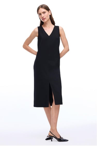  Seras Regular Fit Midi Boy Sıfır Kol V-Yaka Siyah Elbise