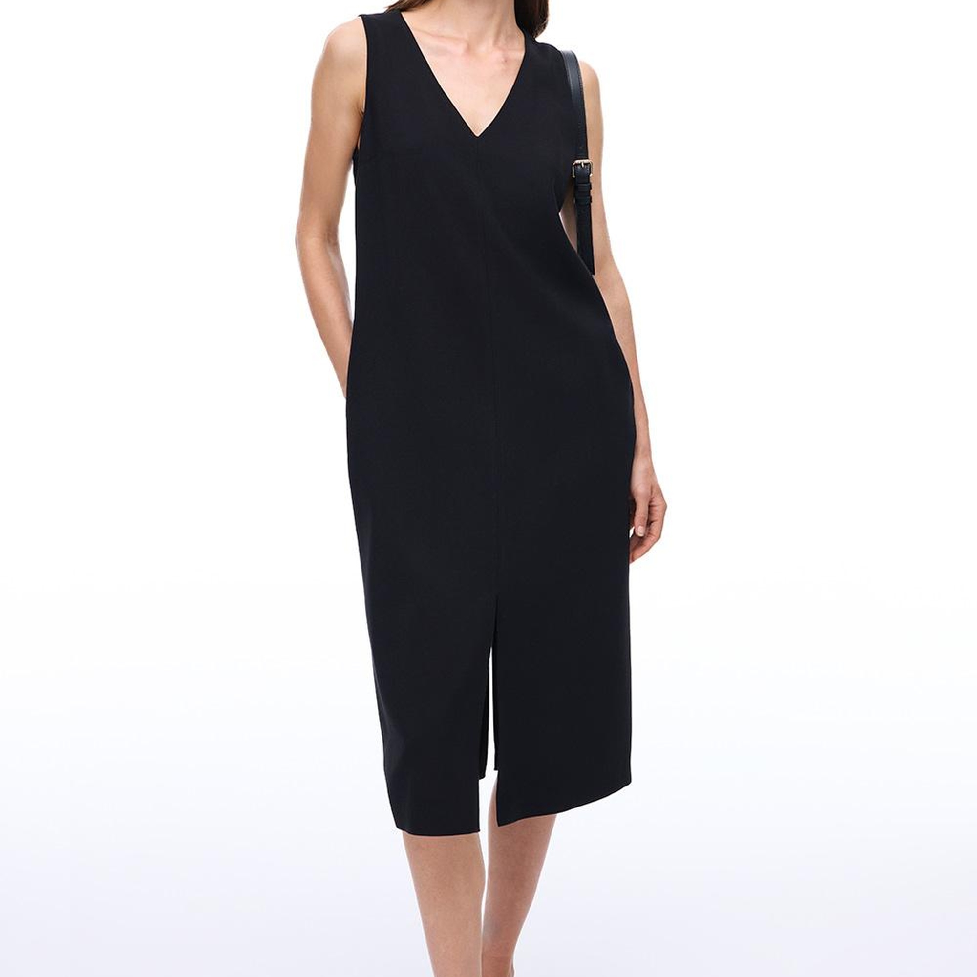 Seras Regular Fit Midi Boy Sıfır Kol V-Yaka Siyah Elbise