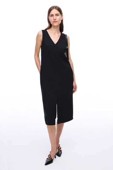  Seras Regular Fit Midi Boy Sıfır Kol V-Yaka Siyah Elbise