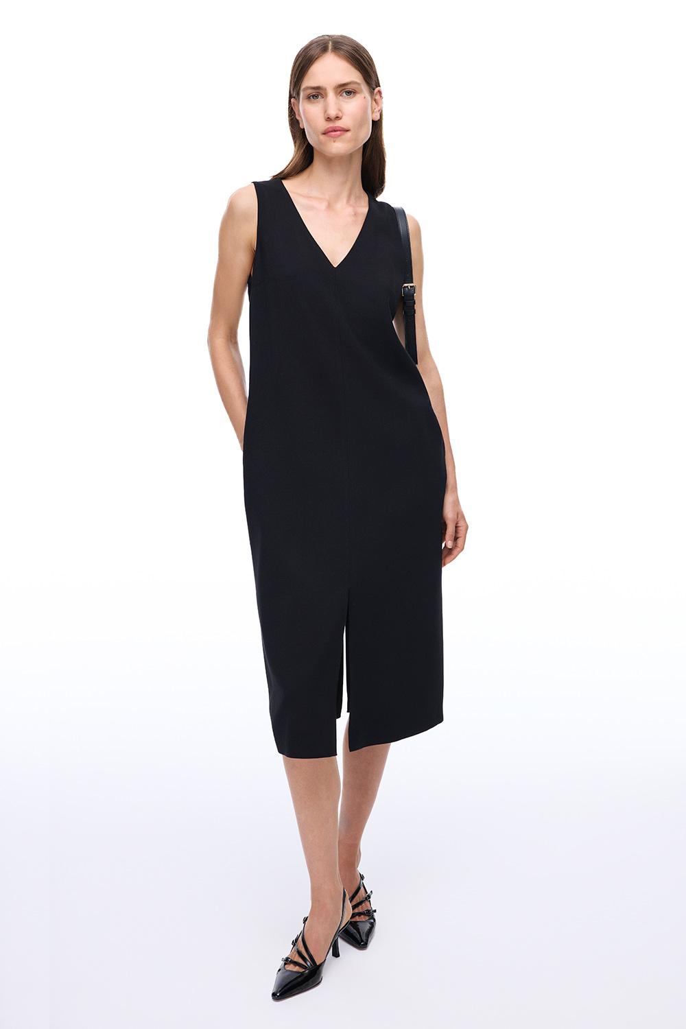  Seras Regular Fit Midi Boy Sıfır Kol V-Yaka Siyah Elbise