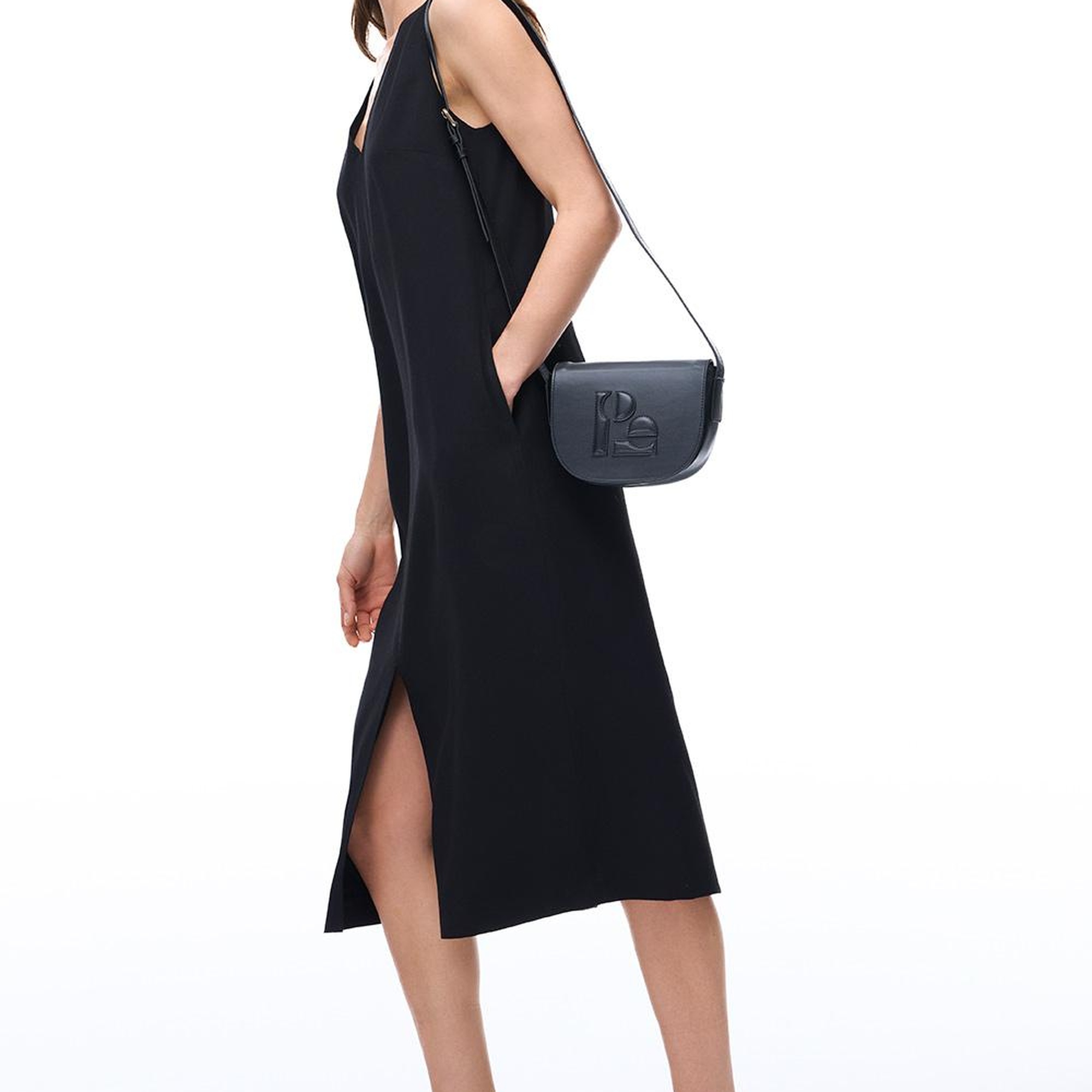 Seras Regular Fit Midi Boy Sıfır Kol V-Yaka Siyah Elbise