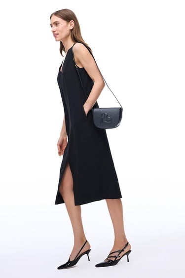  Seras Regular Fit Midi Boy Sıfır Kol V-Yaka Siyah Elbise