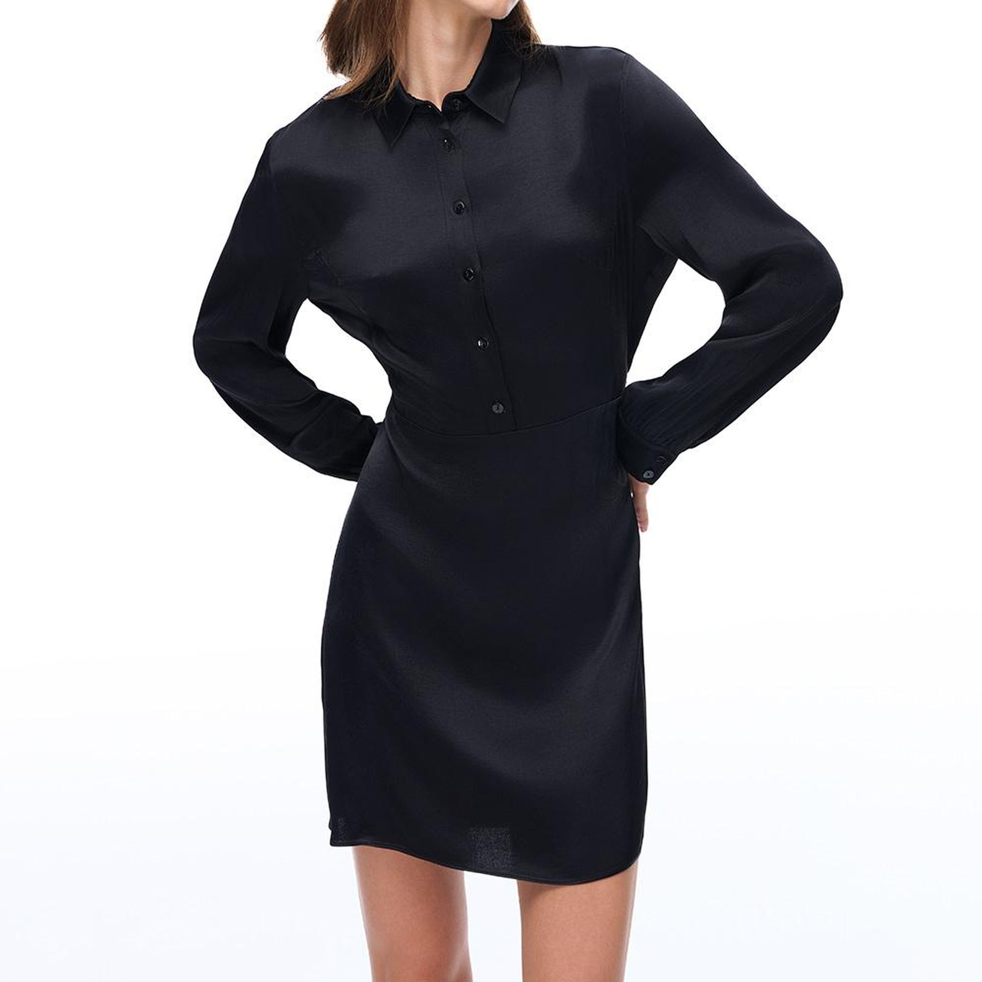 Safira Regular Fit Kısa Boy Takma Kol Gömlek Yaka Siyah Elbise