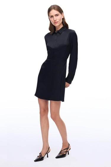  Safira Regular Fit Kısa Boy Takma Kol Gömlek Yaka Siyah Elbise