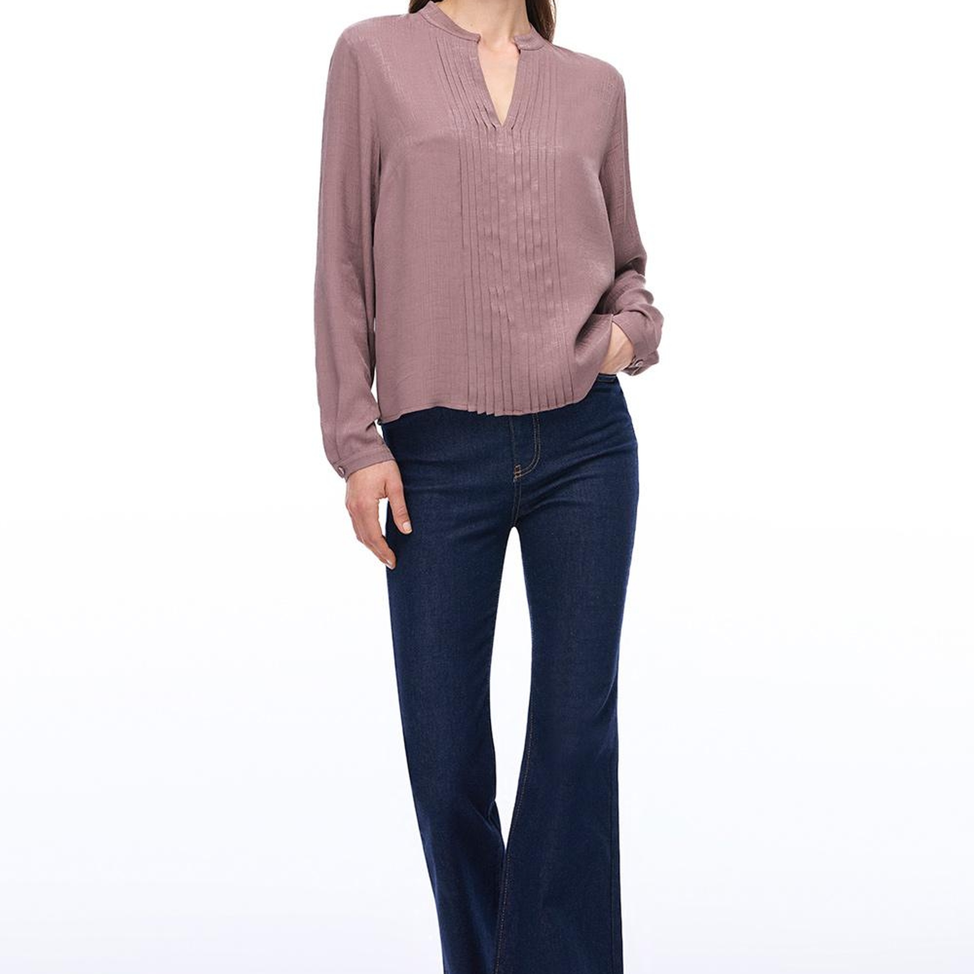 Akelas Regular Fit Standart Boy Takma Kol Hakim Yaka Vizon Renk Kadın Bluz