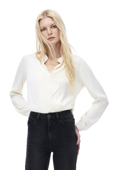  Akelas Regular Fit Standart Boy Takma Kol Hakim Yaka Bej Renk Kadın Bluz