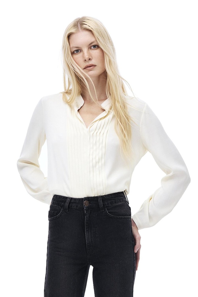  Akelas Regular Fit Standart Boy Takma Kol Hakim Yaka Bej Renk Kadın Bluz