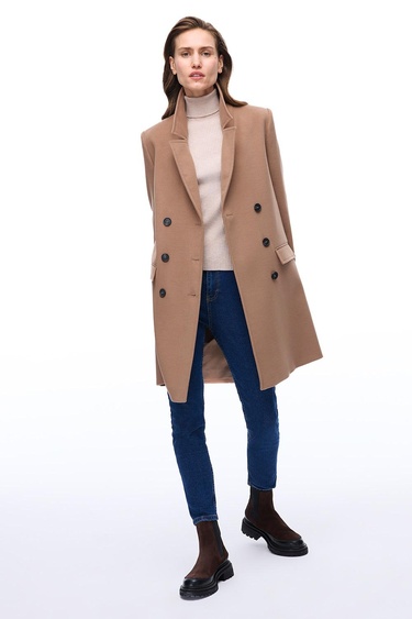  Mona Regular Fit Diz Üstü Takma Kol Erkek Yaka Devetuyu Kaban