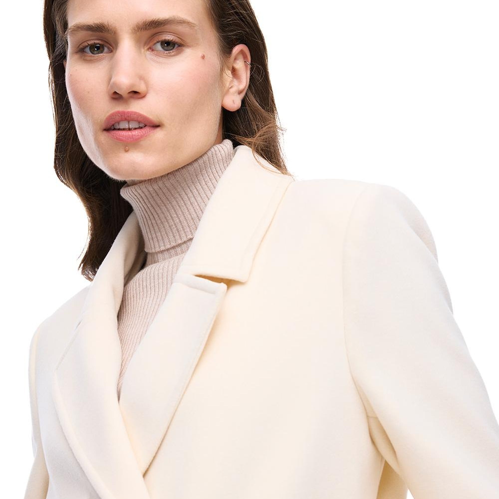 Mona Regular Fit Diz Üstü Takma Kol Erkek Yaka Ekru Kaban